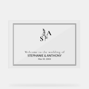 Minimalist BW Monogram Wildflower Wedding Acrylic Sign