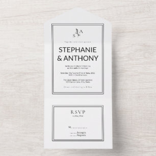 Minimalist BW Monogram Wildflower Wedding All In One Invitation