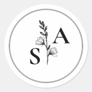 Minimalist BW Monogram Wildflower Wedding Classic Round Sticker