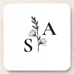 Minimalist BW Monogram Wildflower Wedding Coaster