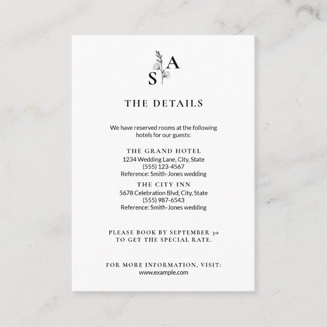 Minimalist BW Monogram Wildflower Wedding Enclosure Card (Front)