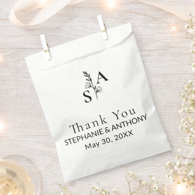 Minimalist BW Monogram Wildflower Wedding Favour Bags (Clipped)
