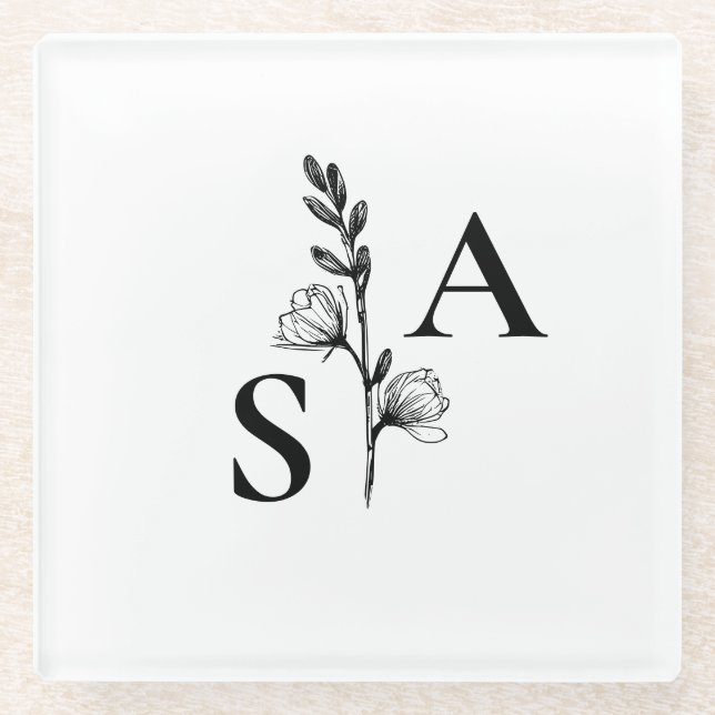 Minimalist BW Monogram Wildflower Wedding Glass Coaster (Front)
