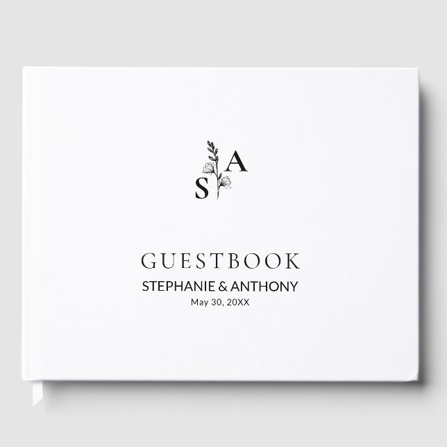 Minimalist BW Monogram Wildflower Wedding Guest Book (Front)
