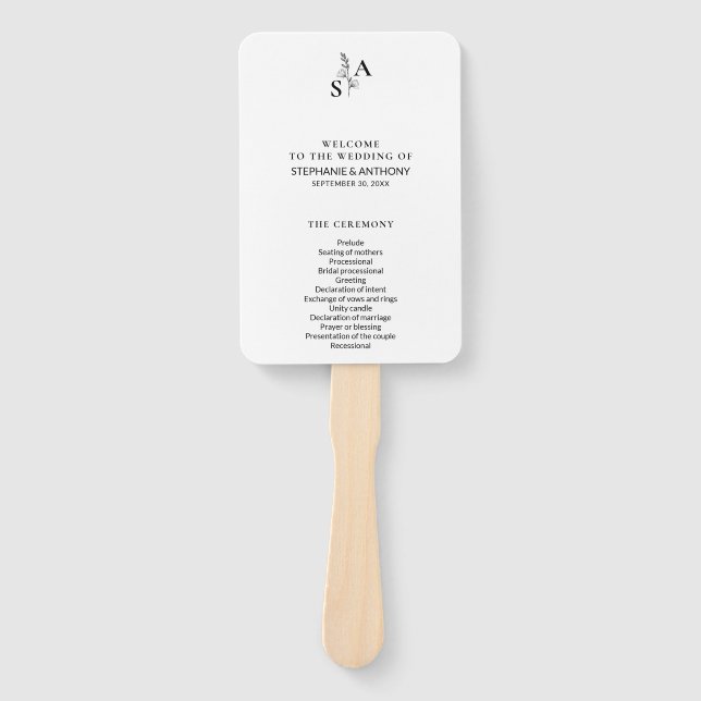 Minimalist BW Monogram Wildflower Wedding Hand Fan (Front)