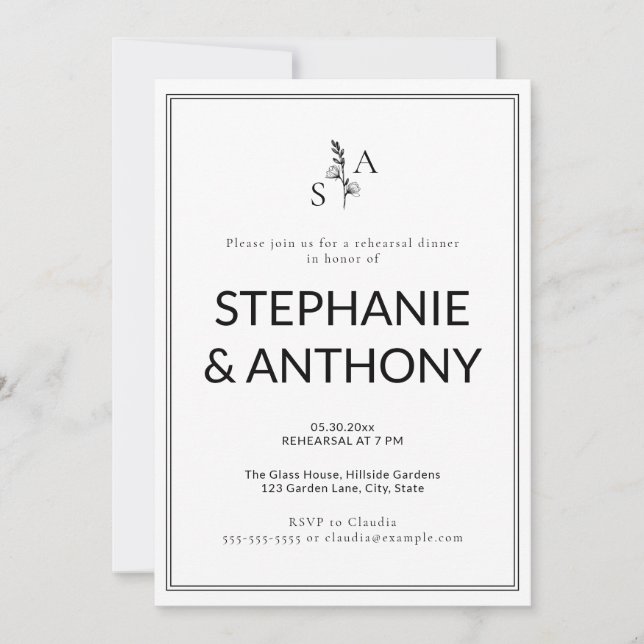 Minimalist BW Monogram Wildflower Wedding Invitation (Front)