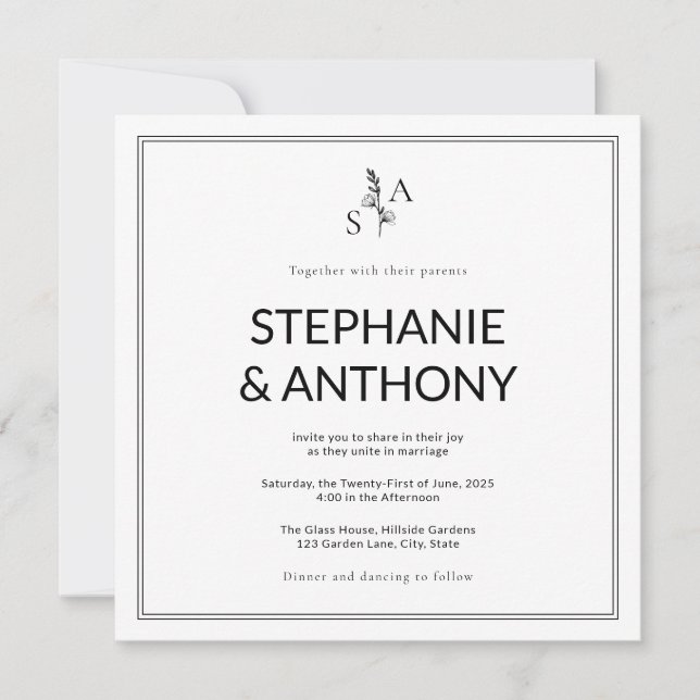 Minimalist BW Monogram Wildflower Wedding Invitation (Front)