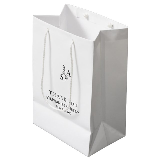Minimalist BW Monogram Wildflower Wedding Medium Gift Bag (Front Angled)