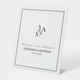 Minimalist BW Monogram Wildflower Wedding Pedestal Sign
