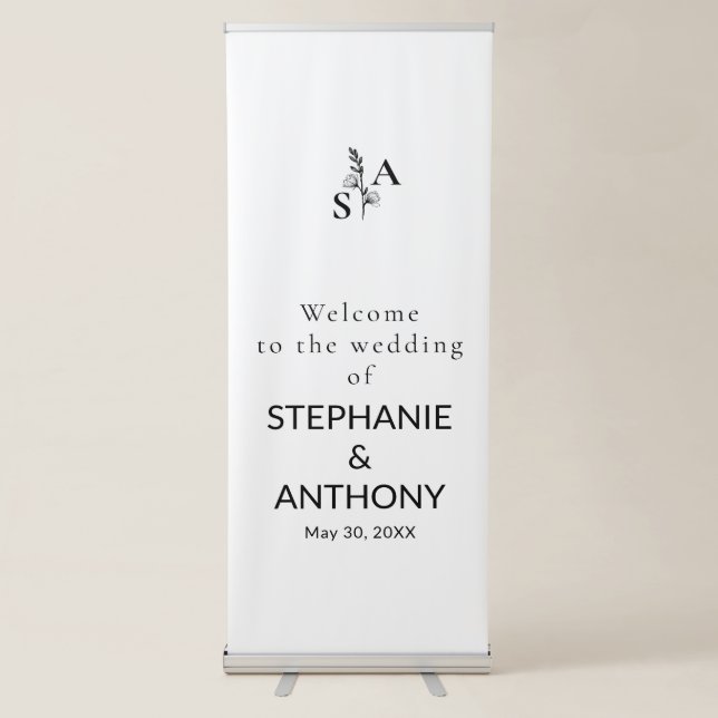 Minimalist BW Monogram Wildflower Wedding Retractable Banner (Front)