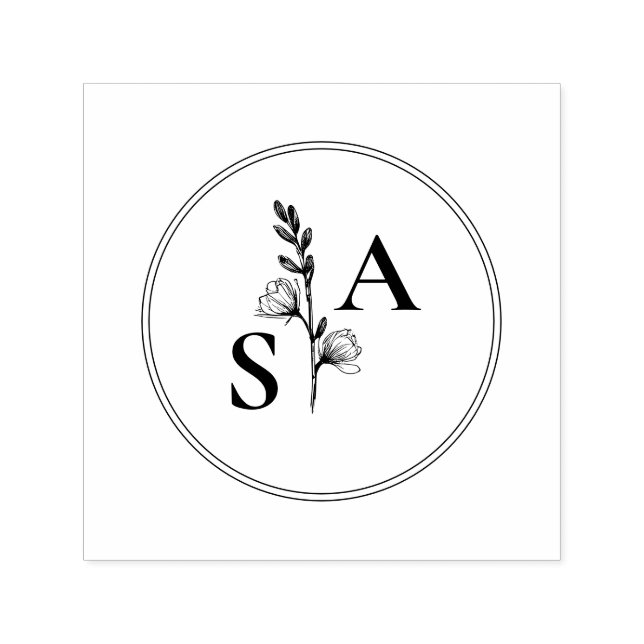 Minimalist BW Monogram Wildflower Wedding Self-inking Stamp (Design)