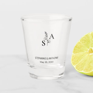 Minimalist BW Monogram Wildflower Wedding Shot Glass