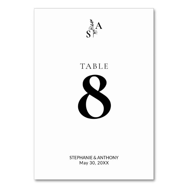Minimalist BW Monogram Wildflower Wedding Table Number (Front)
