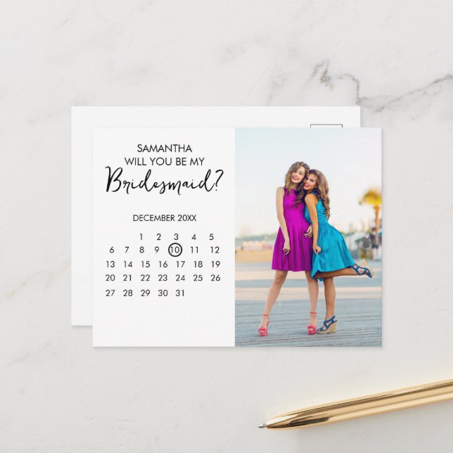 Minimalist Calendar Chic Photo Bridesmaid Proposal Postcard (Front/Back In Situ)