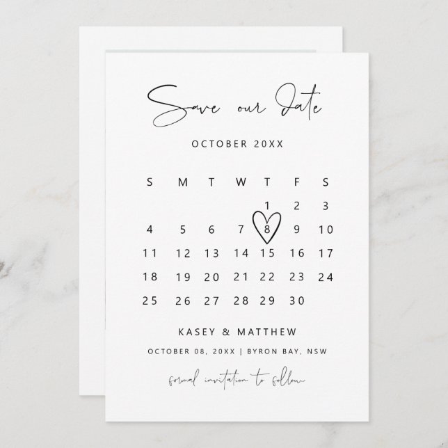 Minimalist calendar photo Save the Date Invitation (Front/Back)