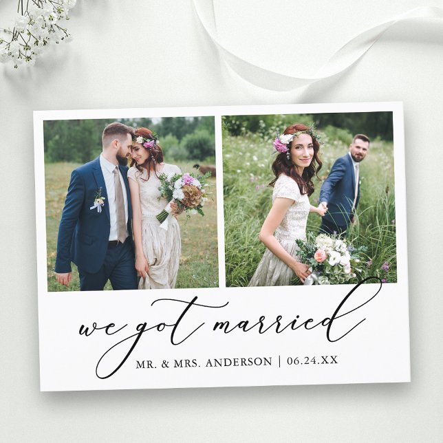Minimalist Calligraphy 2 Photo We Got Married Postcard (Customize to add text to back of card.)