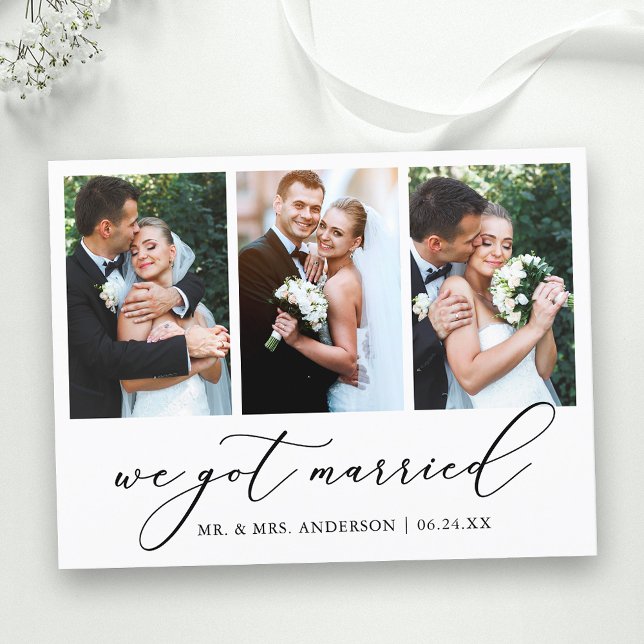 Minimalist Calligraphy 3 Photos We Got Married Postcard (Customize to add text to back of card.)