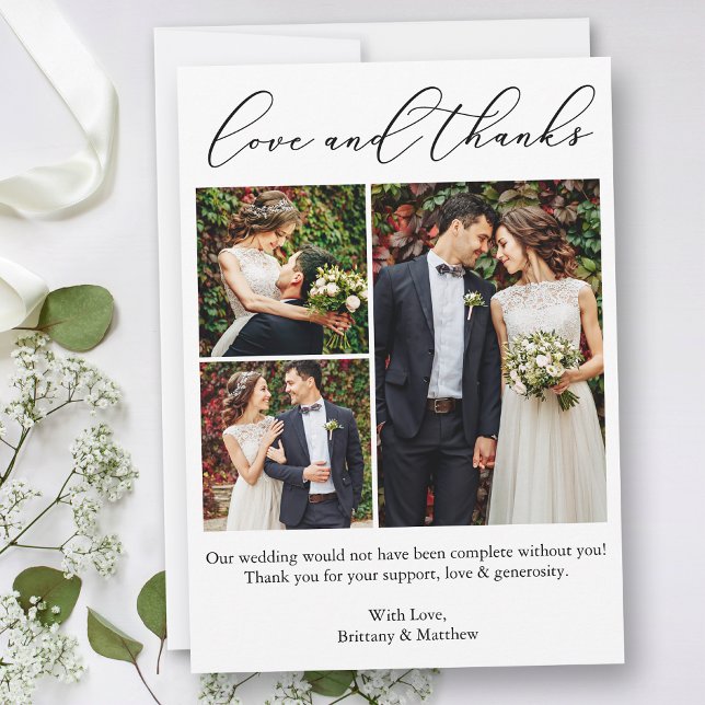 Minimalist Calligraphy 3 Photos Wedding Love Thank You Card (Customize to add text or more photos to back of card.)