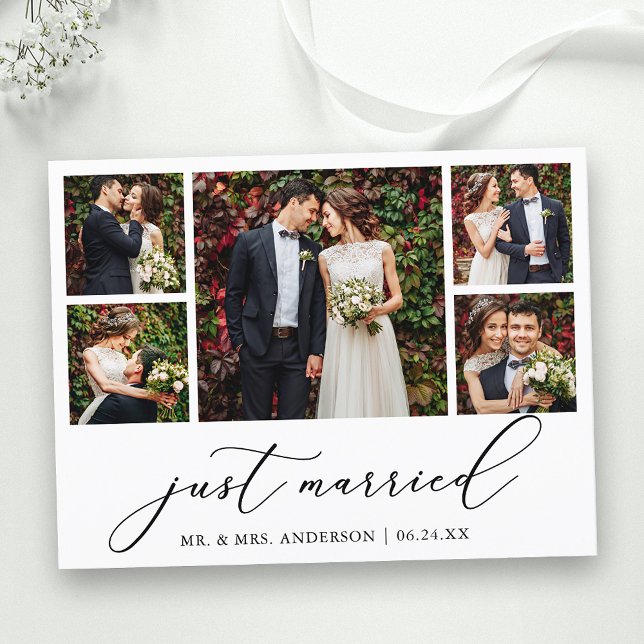Minimalist Calligraphy 5 Photos Just Married Postcard (Customize to add text to back of card.)