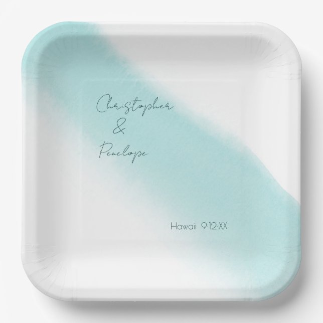 Minimalist Calligraphy Aqua Watercolor Wedding Paper Plate (Front)