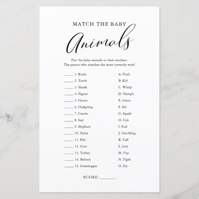 Minimalist Calligraphy Baby Animal Match Game (Front)