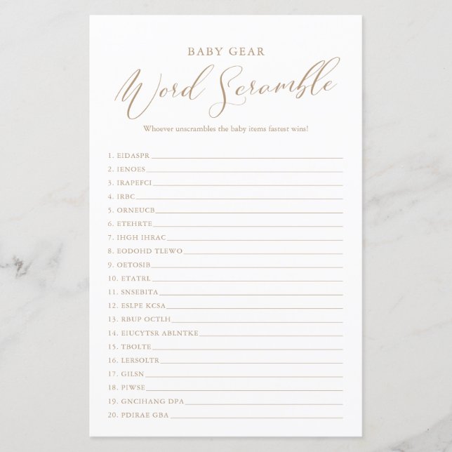 Minimalist Calligraphy Baby Shower Word Scramble (Front)