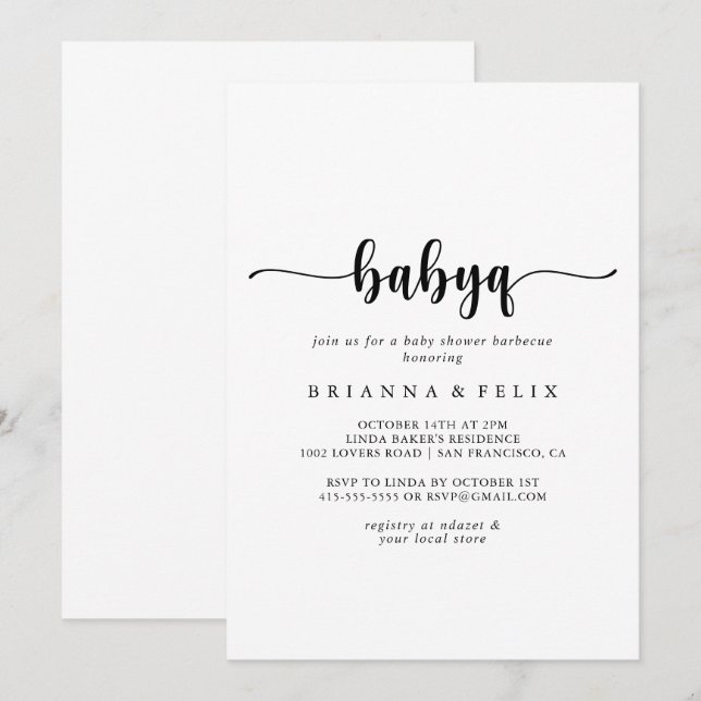 Minimalist Calligraphy BabyQ Baby Shower Barbecue Invitation (Front/Back)