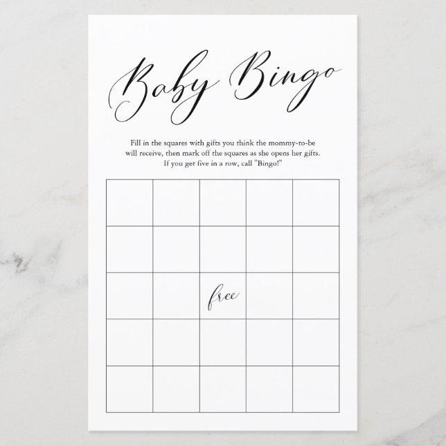 Minimalist Calligraphy Bingo Baby Shower Game (Front)