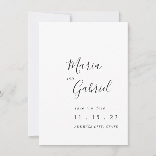 Minimalist calligraphy black white Wedding Save The Date (Front)