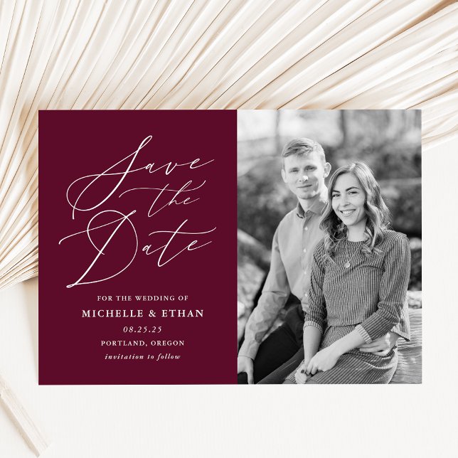 Minimalist Calligraphy Burgundy | Photo Save The Date (Creator Uploaded)