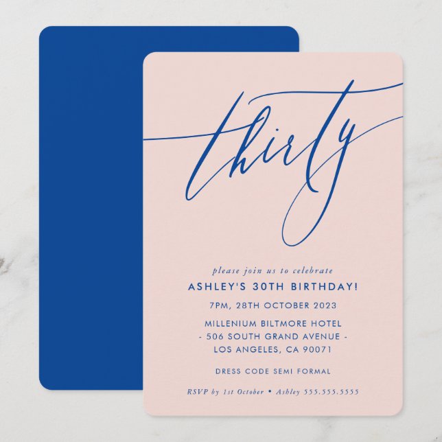 MINIMALIST Calligraphy chic 30th party blush blue Invitation (Front/Back)