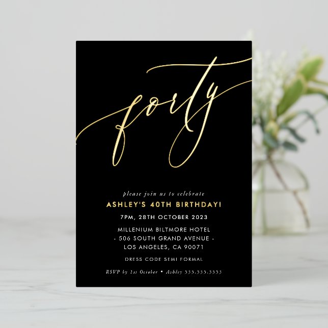 MINIMALIST Calligraphy chic 40th birthday gold Foi (Standing Front)