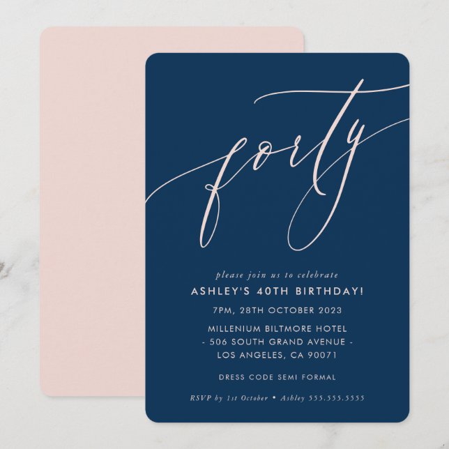 MINIMALIST Calligraphy chic 40th party navy blush Invitation (Front/Back)