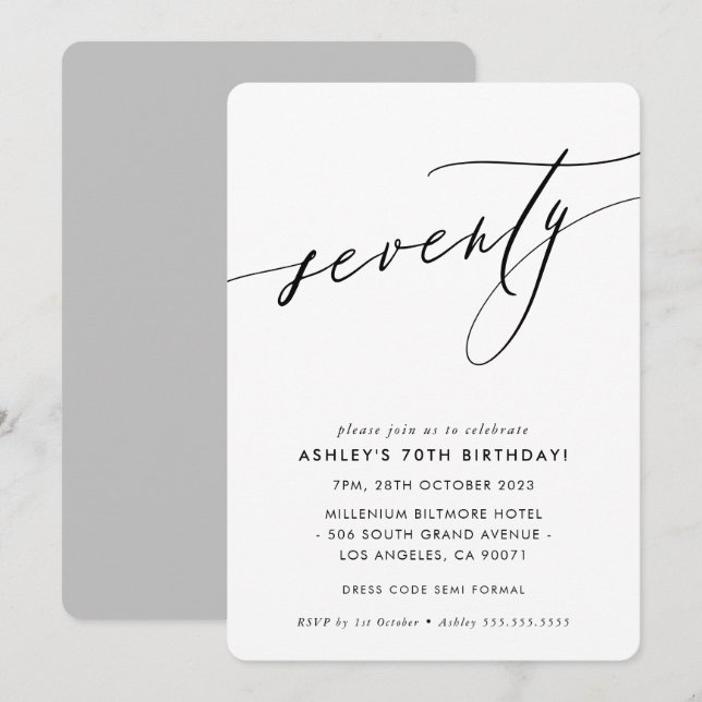 MINIMALIST Calligraphy chic stylish 70th birthday Invitation (Front/Back)