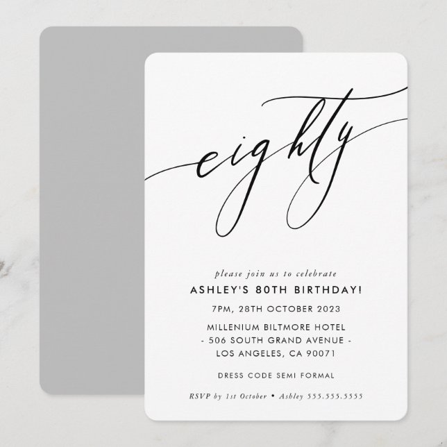 MINIMALIST Calligraphy chic stylish 80th birthday Invitation (Front/Back)