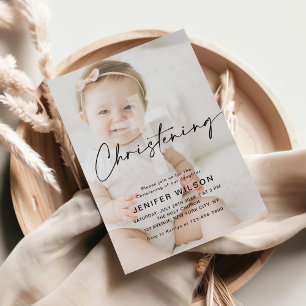Minimalist Calligraphy Christening Baptism Photo Invitation