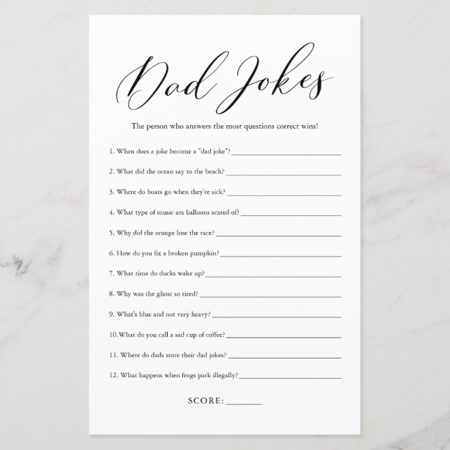 Minimalist Calligraphy Dad Jokes Baby Shower Game (Front)