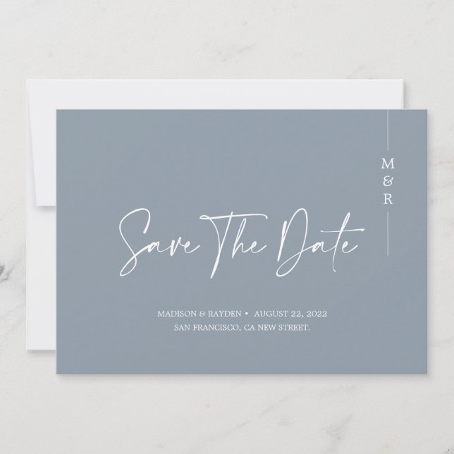 Minimalist Calligraphy Dusty Blue Monogram Wedding Save The Date (Front)