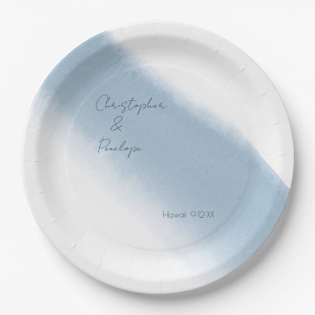 Minimalist Calligraphy Dusty Blue Watercolor   Paper Plate (Front)