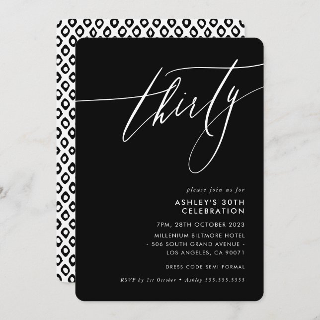 MINIMALIST Calligraphy elegant 30th party black Invitation (Front/Back)