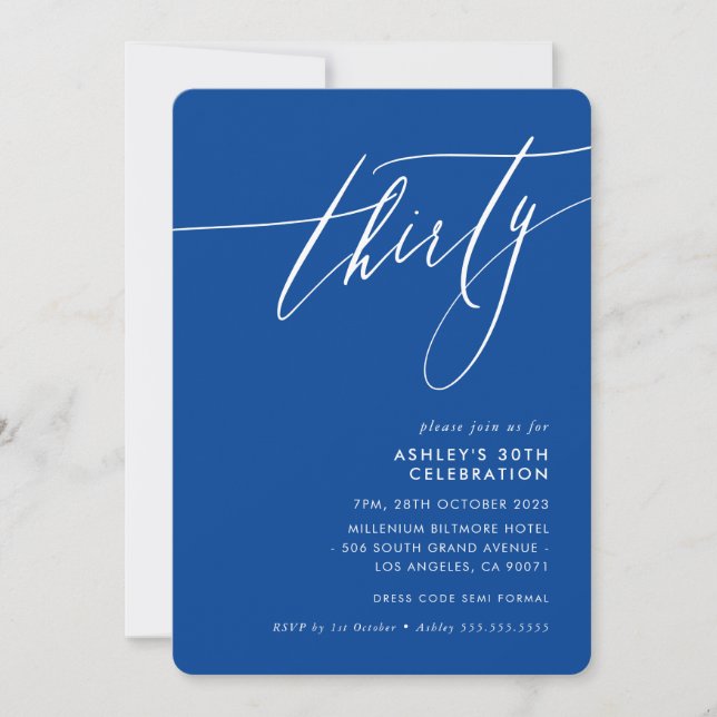 MINIMALIST Calligraphy elegant 30th party blue Invitation (Front)