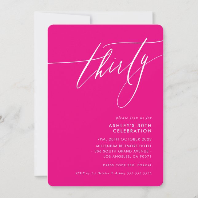 MINIMALIST Calligraphy elegant 30th party hot pink Invitation (Front)