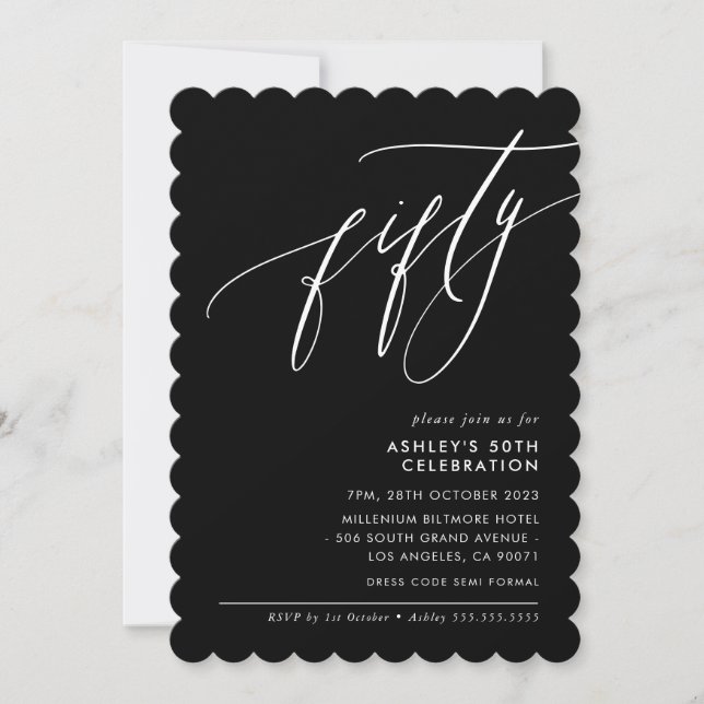 MINIMALIST Calligraphy elegant 50th party black Invitation (Front)