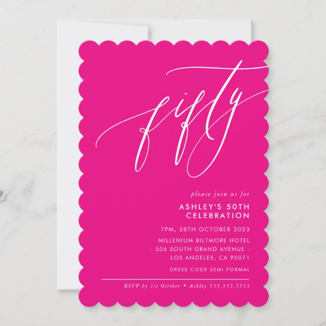 MINIMALIST Calligraphy elegant 50th party hot pink Invitation (Front)