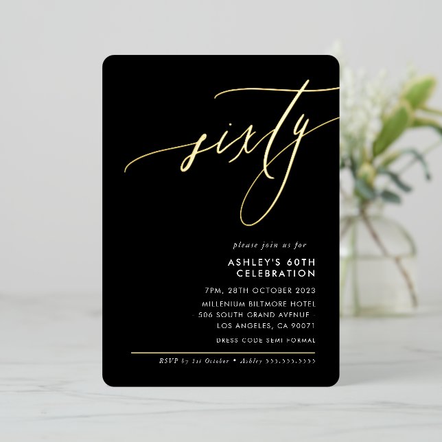 MINIMALIST Calligraphy elegant 60th party black (Standing Front)