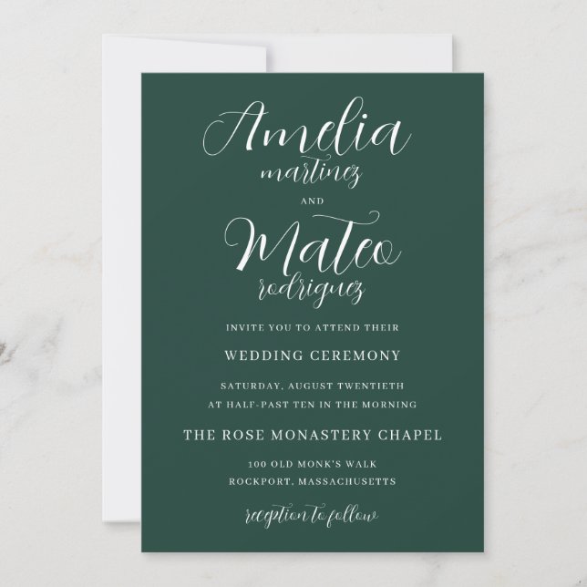 Minimalist Calligraphy Emerald Green Wedding Invitation (Front)