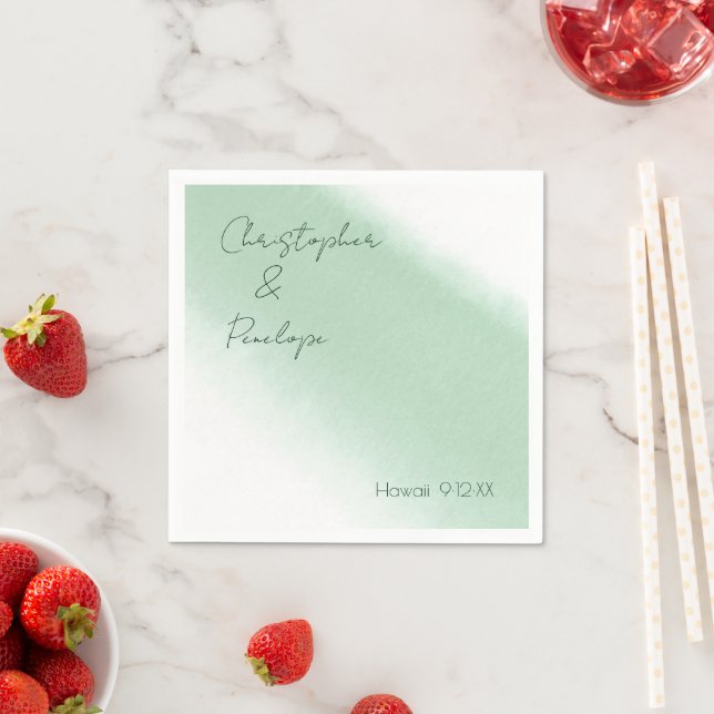 Minimalist Calligraphy Emerald Watercolor Wedding Napkin (Insitu)