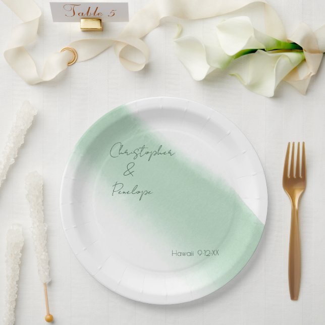 Minimalist Calligraphy Emerald Watercolor Wedding  Paper Plate (Wedding)