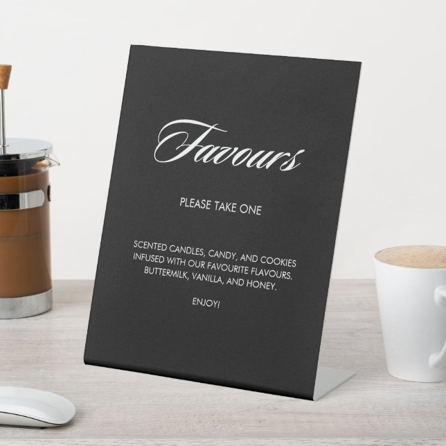 Minimalist Calligraphy Favours Black Wedding Pedestal Sign (In SItu)