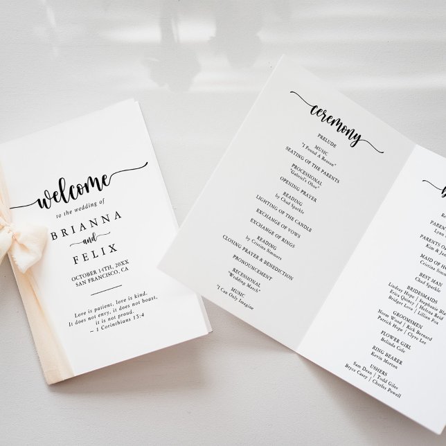 Minimalist Calligraphy Folded Wedding Program Programme (Creator Uploaded)